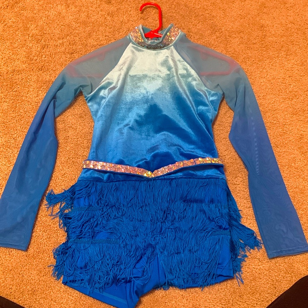 Weissman Dance Costume Blue LC RN Pre-owned Jazz Fringe Stoned Long Sleeve